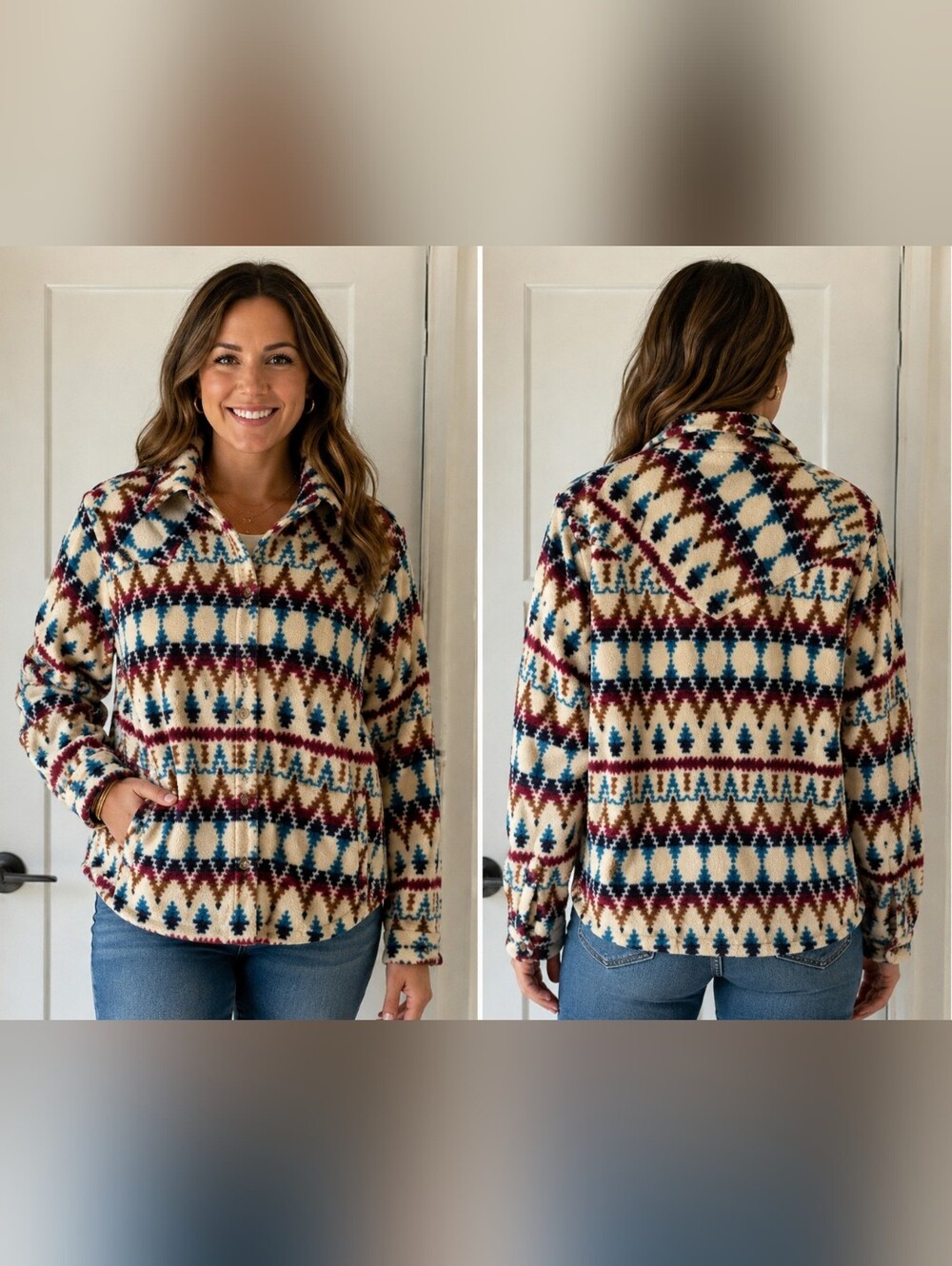 Outback Trading Co Eleanor Big Shirt Fleece Jacket Aztec Southwestern Print Medi